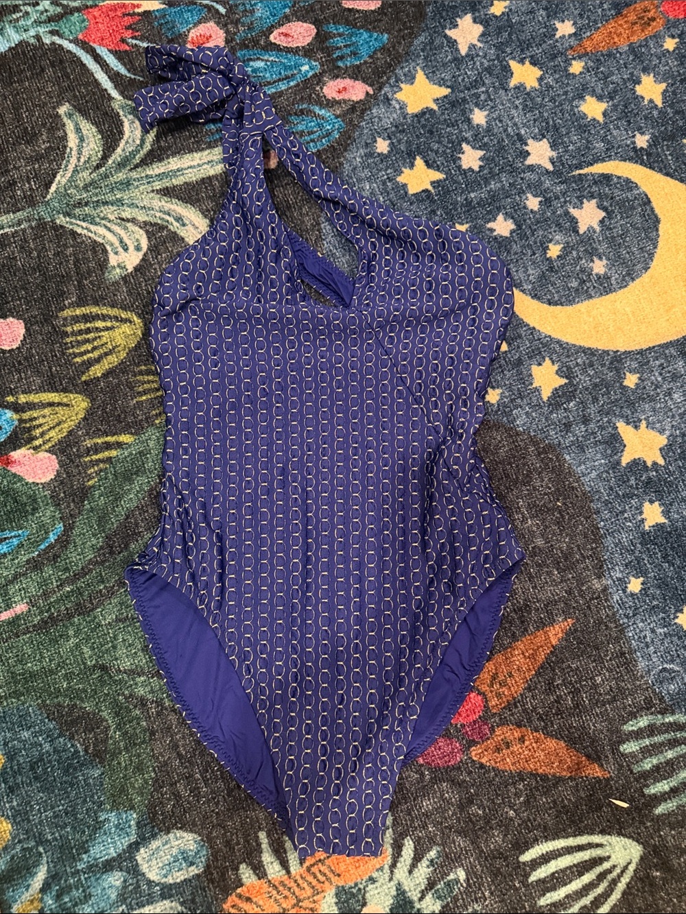 Trina Turk Blue One-Shoulder Chain-Print One-Piece Swimsuit